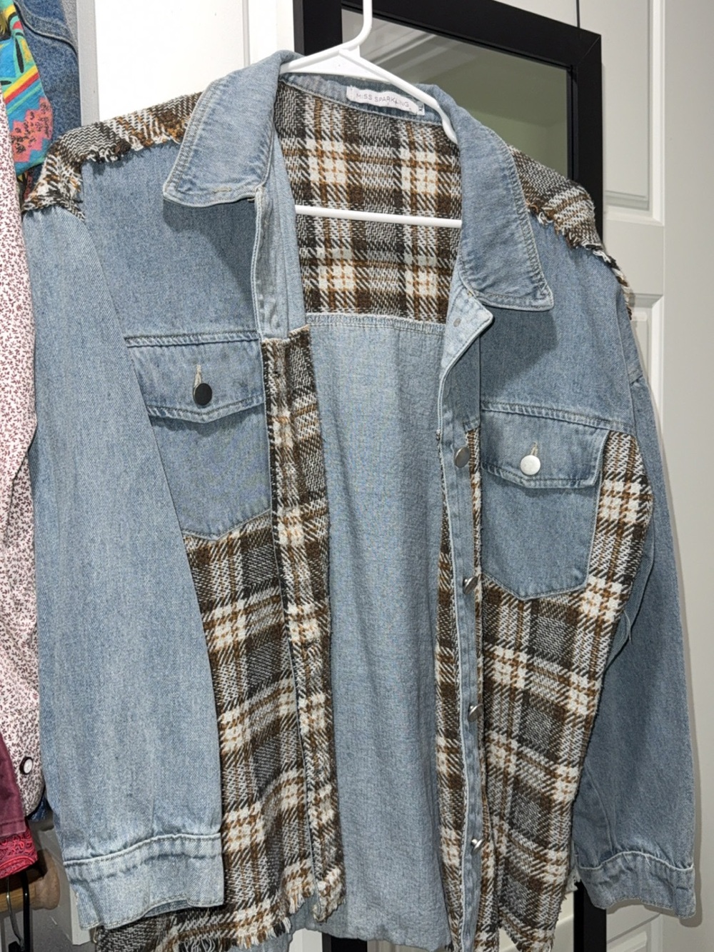 Boutique Plaid-Panel Light Wash Denim Jacket